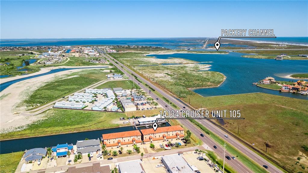 Aerial view of the coastal property location showing proximity to waterways and the Gulf of Mexico.