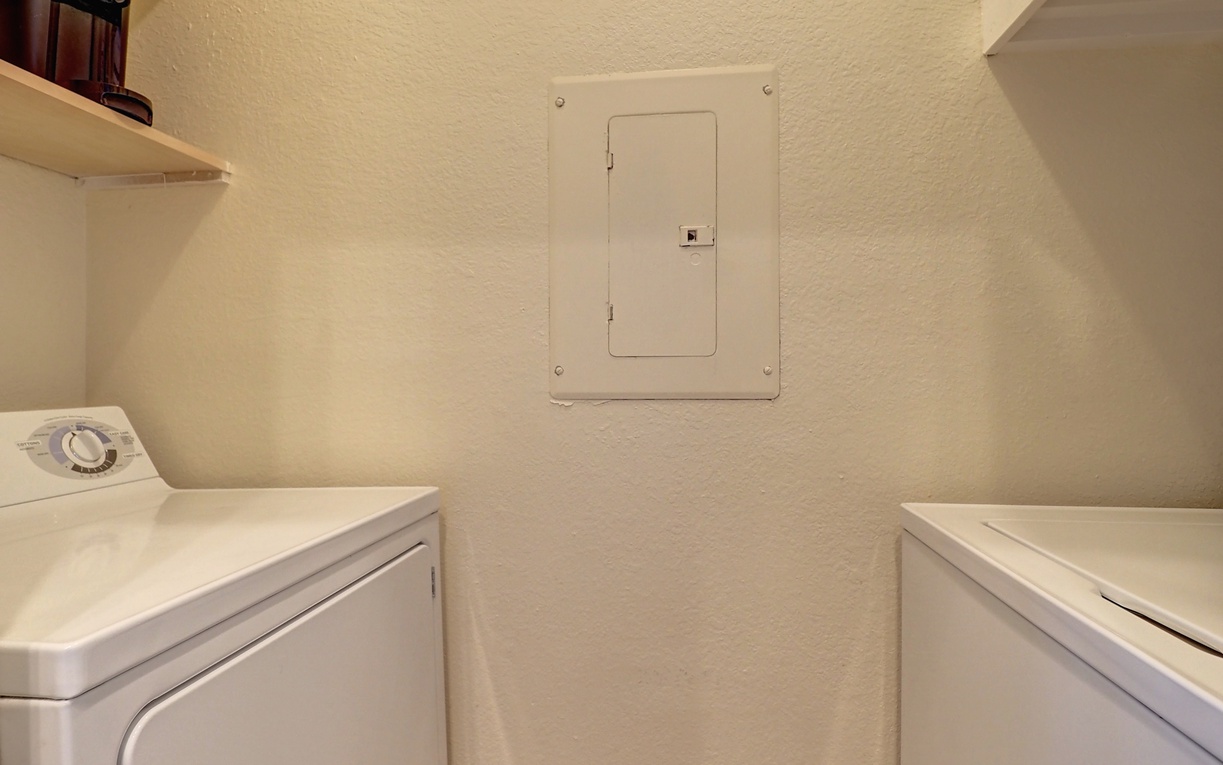 Your dedicated laundry room makes extended stays effortless with full-sized washer and dryer, plus convenient shelving for supplies.