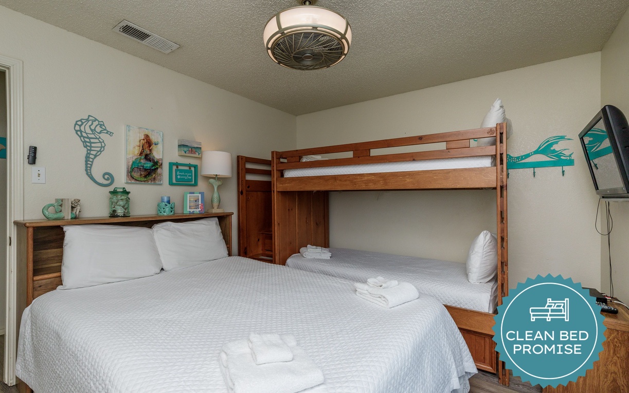 Sleep better at Padre Escapes with our exclusive Clean Bed Promise, providing fresh linens, comforters, and towels washed at high temperatures exceeding CDC recommendations, setting us apart for a truly restful vacation