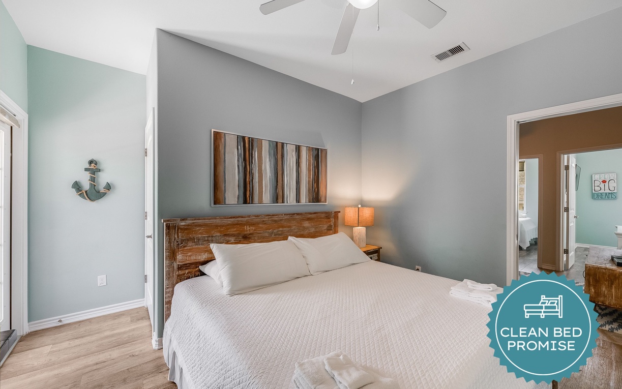 Sleep better at Padre Escapes with our exclusive Clean Bed Promise, providing fresh linens, comforters, and towels washed at high temperatures exceeding CDC recommendations, setting us apart for a truly restful vacation
