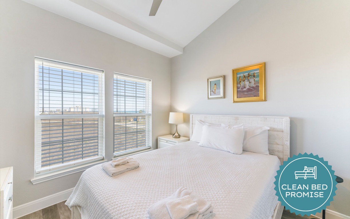 Sleep better at Padre Escapes with our exclusive Clean Bed Promise, providing fresh linens, comforters, and towels washed at high temperatures exceeding CDC recommendations, setting us apart for a truly restful vacation