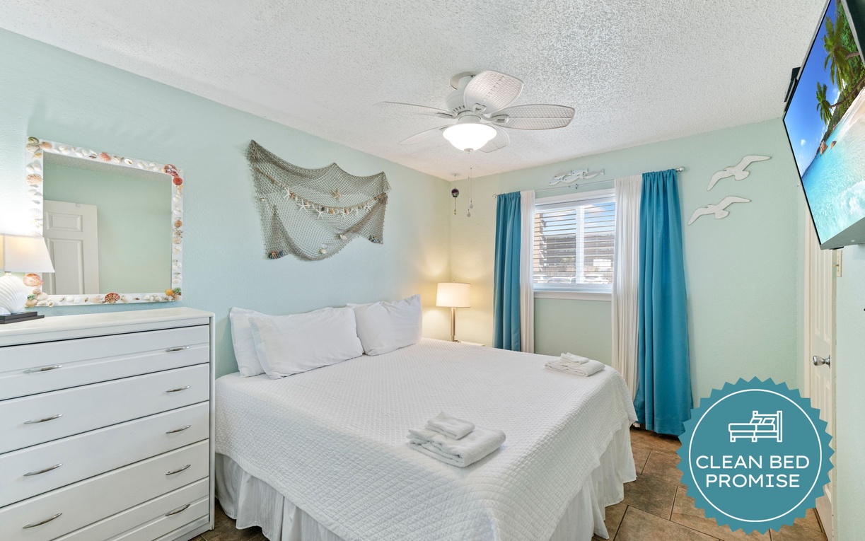 Sleep better at Padre Escapes with our exclusive Clean Bed Promise, providing fresh linens, comforters, and towels washed at high temperatures exceeding CDC recommendations, setting us apart for a truly restful vacation