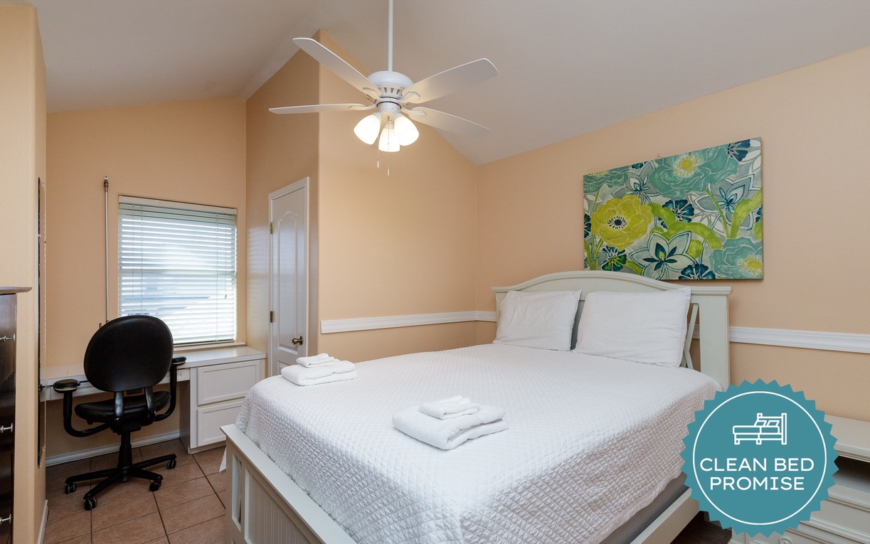 Sleep better at Padre Escapes with our exclusive Clean Bed Promise, providing fresh linens, comforters, and towels washed at high temperatures exceeding CDC recommendations, setting us apart for a truly restful vacation