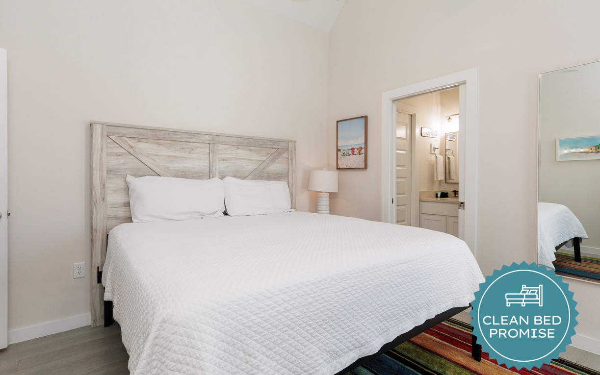 Sleep better at Padre Escapes with our exclusive Clean Bed Promise, providing fresh linens, comforters, and towels washed at high temperatures exceeding CDC recommendations, setting us apart for a truly restful vacation