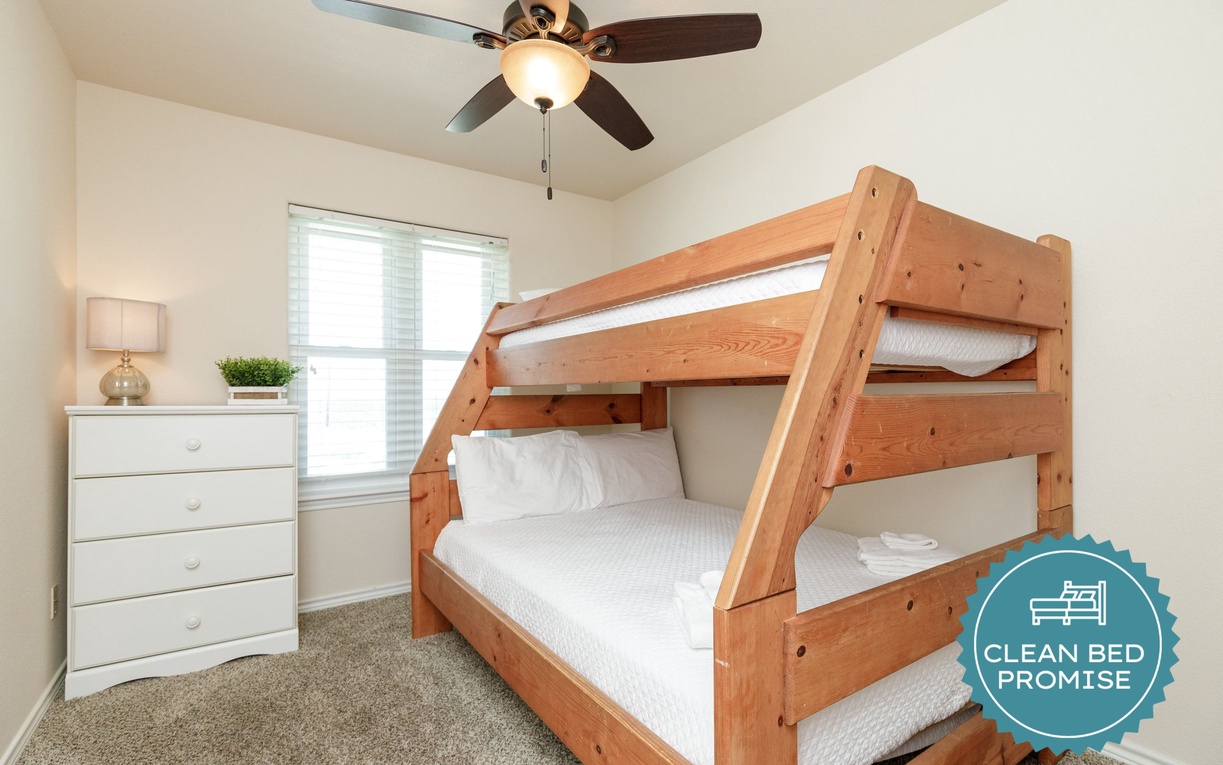 Sleep better at Padre Escapes with our exclusive Clean Bed Promise, providing fresh linens, comforters, and towels washed at high temperatures exceeding CDC recommendations, setting us apart for a truly restful vacation