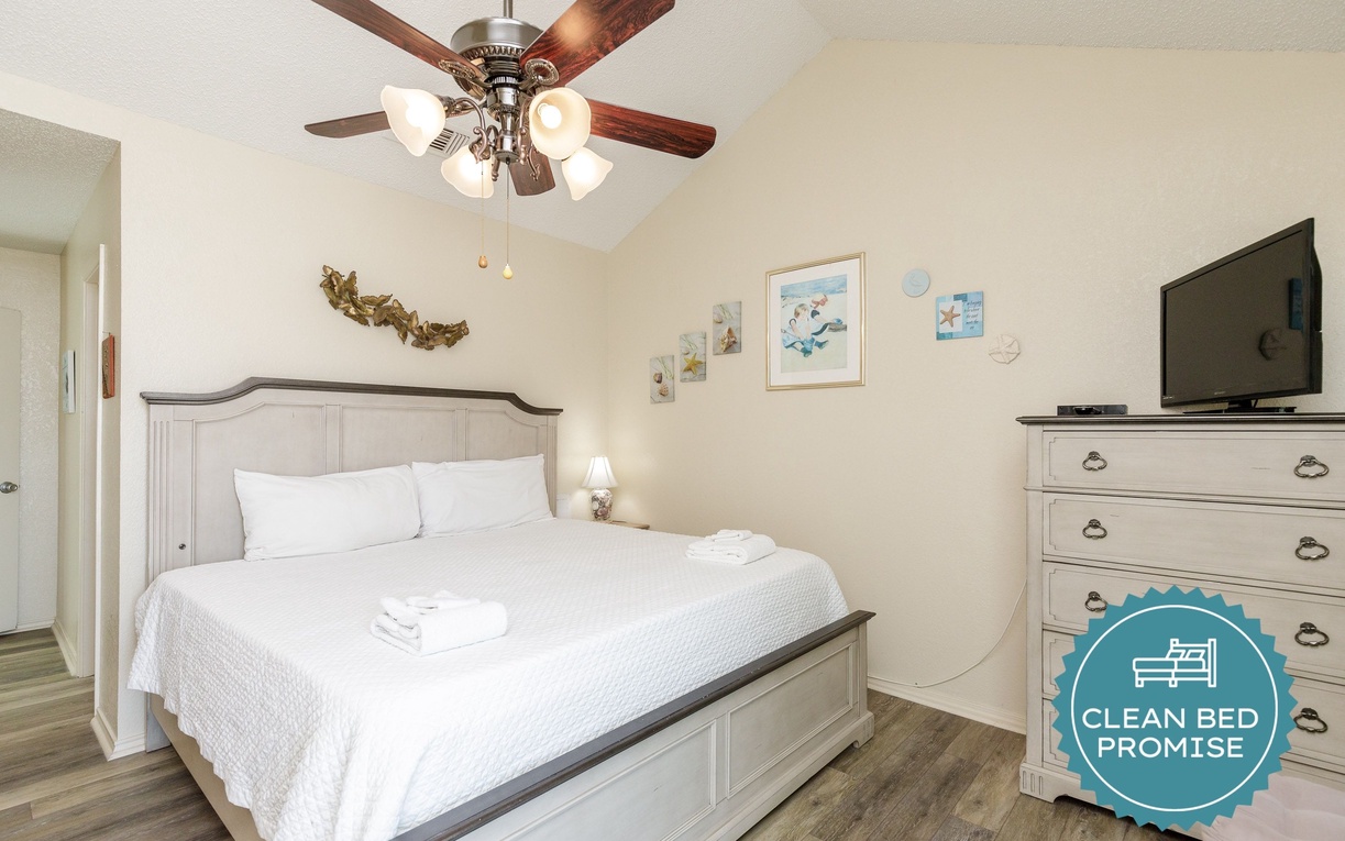 Sleep better at Padre Escapes with our exclusive Clean Bed Promise, providing fresh linens, comforters, and towels washed at high temperatures exceeding CDC recommendations, setting us apart for a truly restful vacation