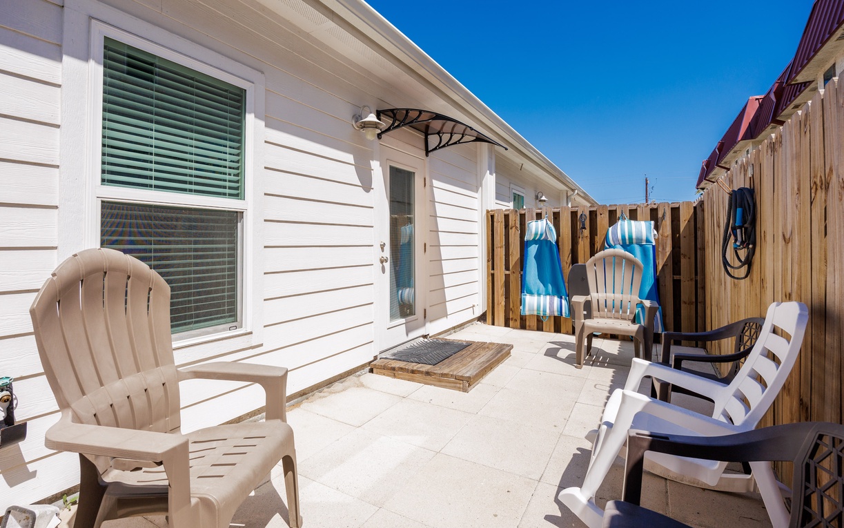 Step onto your private patio and sink into comfortable chairs where morning coffee tastes better under open sky.