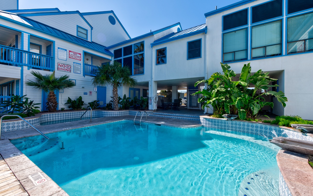 Dive into your tropical escape with this sparkling pool surrounded by swaying palms and comfortable accommodations.
