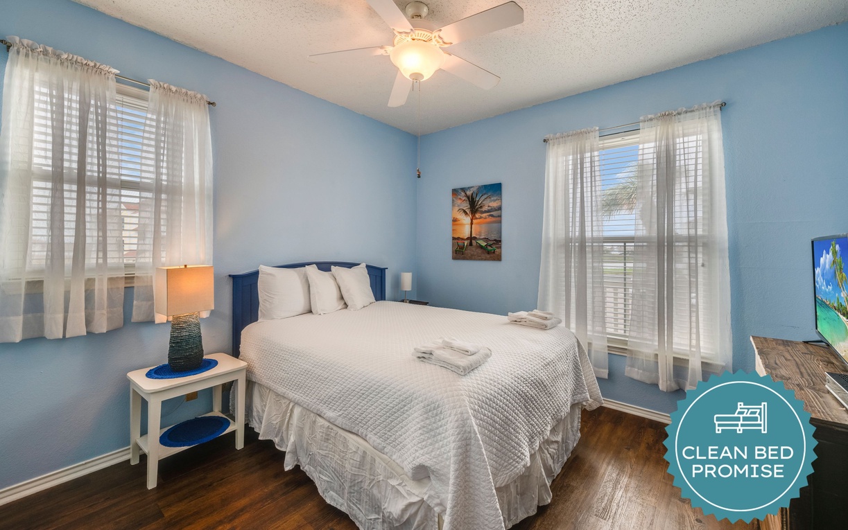 Sleep better at Padre Escapes with our exclusive Clean Bed Promise, providing fresh linens, comforters, and towels washed at high temperatures exceeding CDC recommendations, setting us apart for a truly restful vacation.