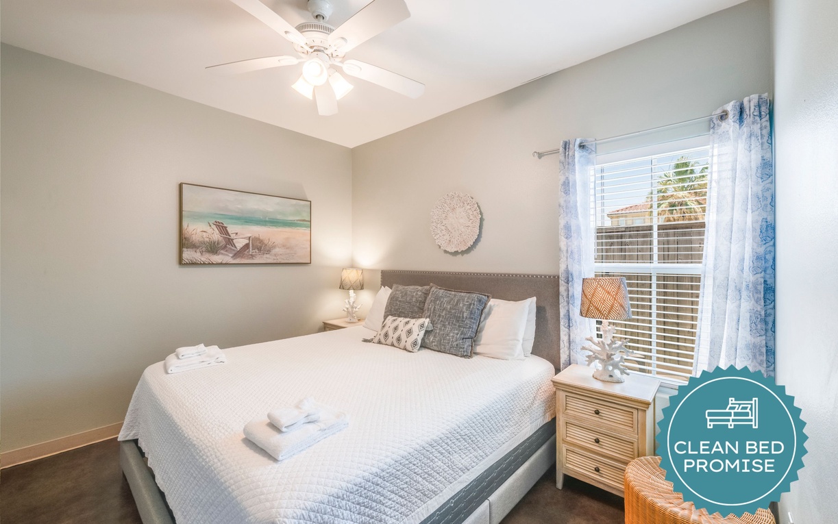 Sleep better at Padre Escapes with our exclusive Clean Bed Promise, providing fresh linens, comforters, and towels washed at high temperatures exceeding CDC recommendations, setting us apart for a truly restful vacation