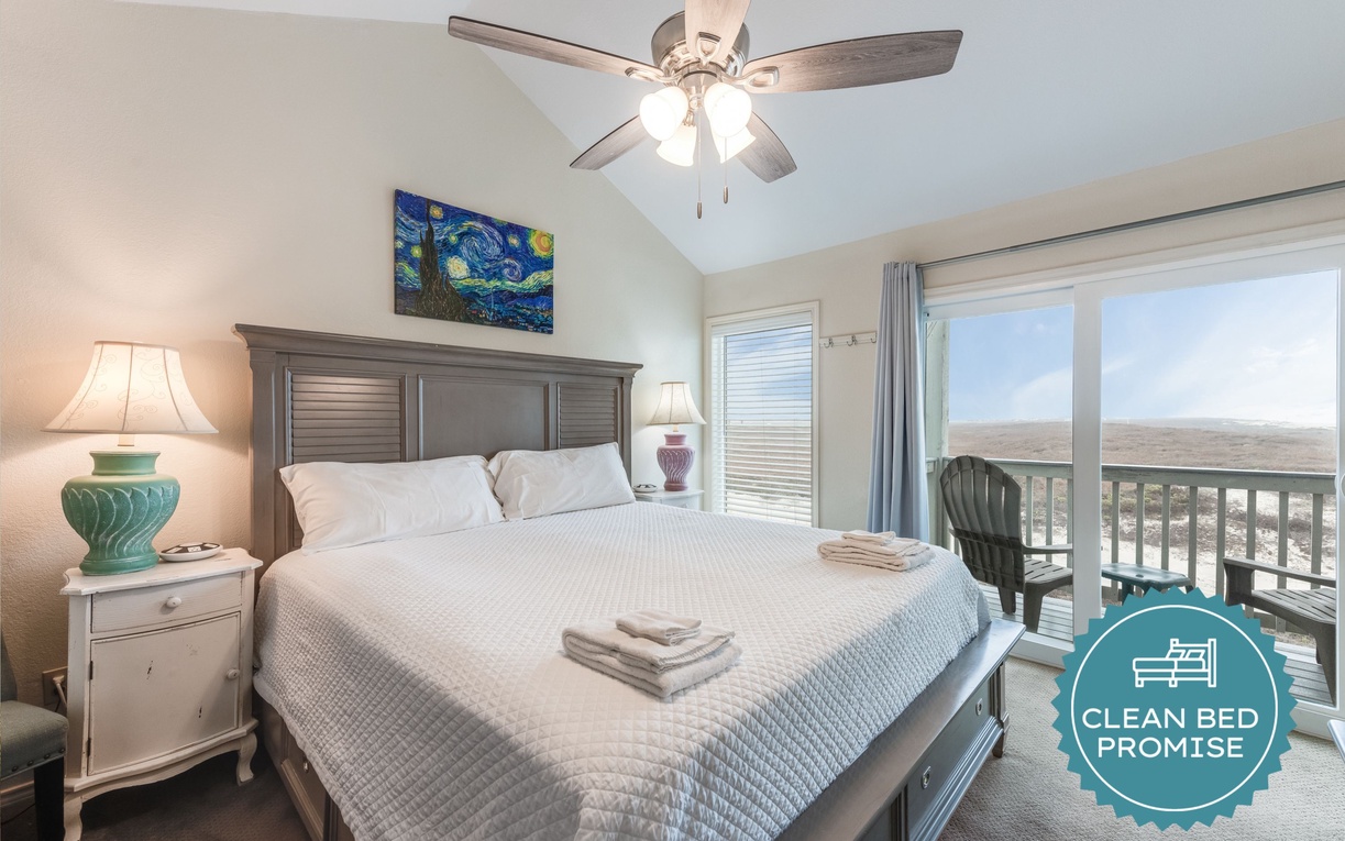 Sleep better at Padre Escapes with our exclusive Clean Bed Promise, providing fresh linens, comforters, and towels washed at high temperatures exceeding CDC recommendations, setting us apart for a truly restful vacation