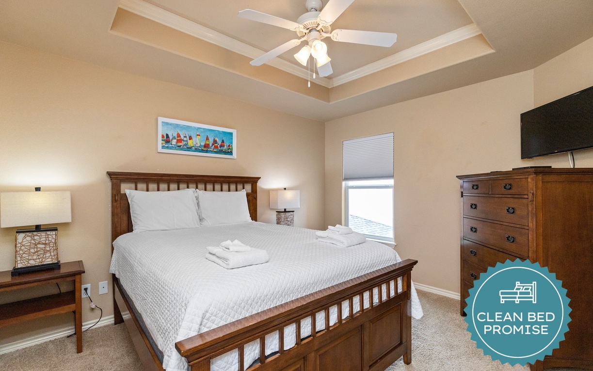 Sleep better at Padre Escapes with our exclusive Clean Bed Promise, providing fresh linens, comforters, and towels washed at high temperatures exceeding CDC recommendations, setting us apart for a truly restful vacation