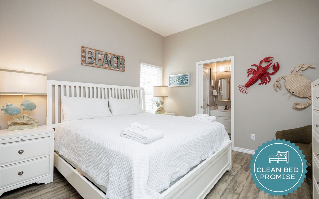 Sleep better at Padre Escapes with our exclusive Clean Bed Promise, providing fresh linens, comforters, and towels washed at high temperatures exceeding CDC recommendations, setting us apart for a truly restful vacation.