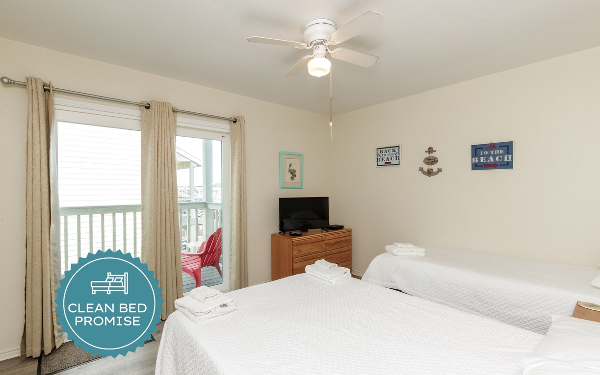 Sleep better at Padre Escapes with our exclusive Clean Bed Promise, providing fresh linens, comforters, and towels washed at high temperatures exceeding CDC recommendations, setting us apart for a truly restful vacation