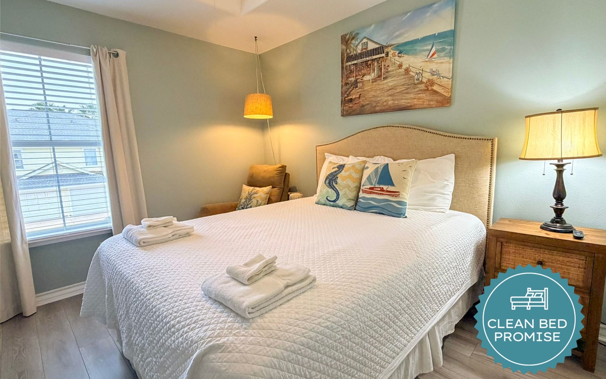 Sleep better at Padre Escapes with our exclusive Clean Bed Promise; providing fresh linens, comforters, and towels washed at high temperatures exceeding CDC recommendations, setting us apart for a truly restful vacation