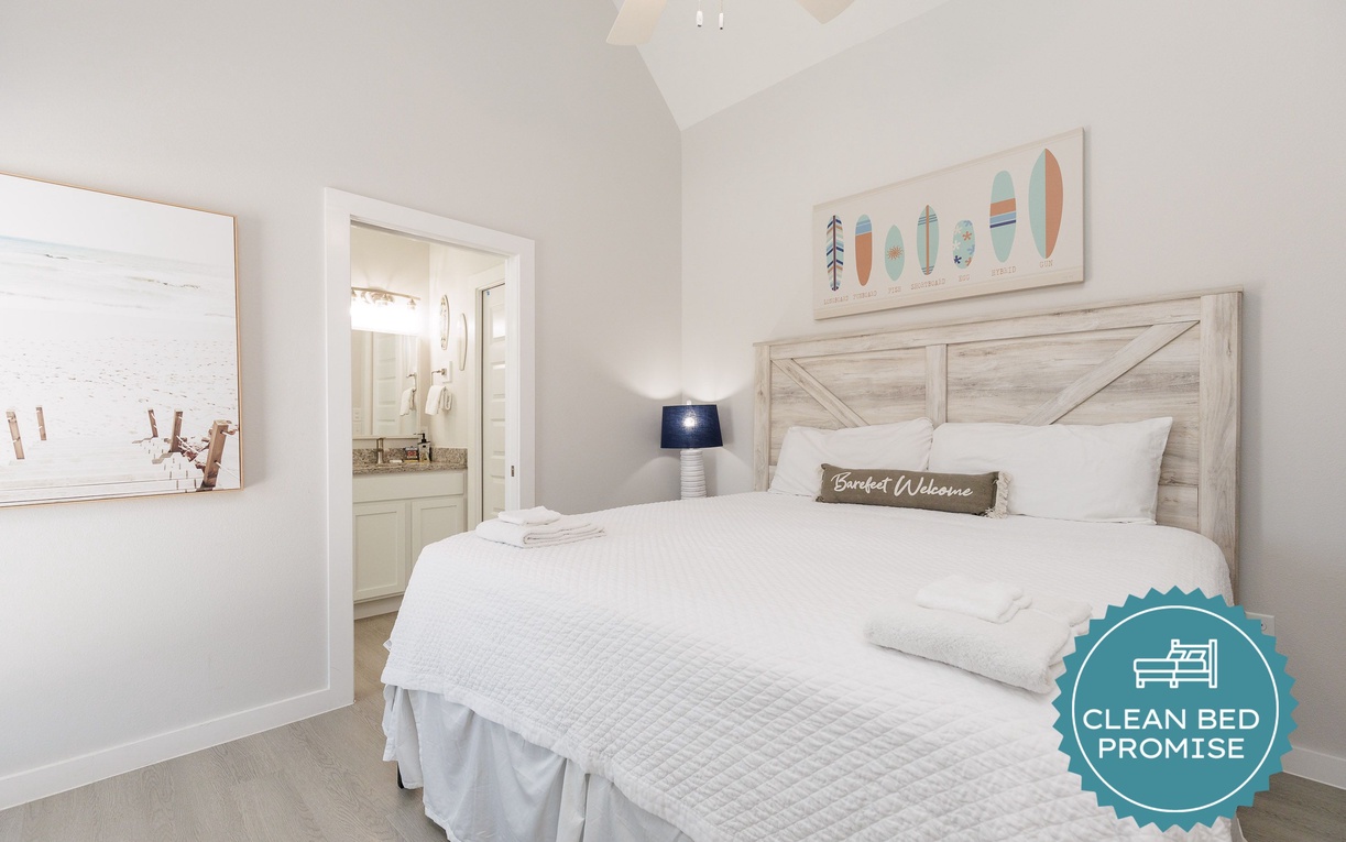 Sleep better at Padre Escapes with our exclusive Clean Bed Promise, providing fresh linens, comforters, and towels washed at high temperatures exceeding CDC recommendations, setting us apart for a truly restful vacation