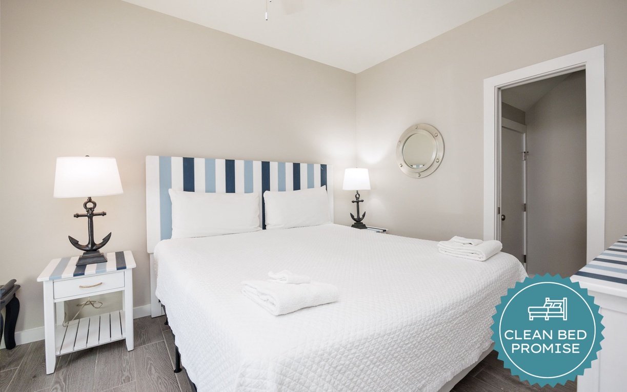 Sleep better at Padre Escapes with our exclusive Clean Bed Promise, providing fresh linens, comforters, and towels washed at high temperatures exceeding CDC recommendations, setting us apart for a truly restful vacation