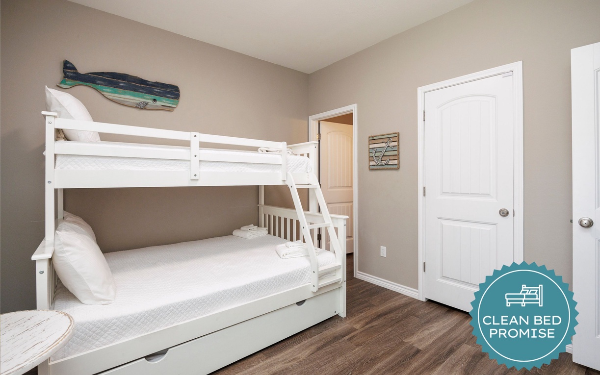 Sleep better at Padre Escapes with our exclusive Clean Bed Promise, providing fresh linens, comforters, and towels washed at high temperatures exceeding CDC recommendations, setting us apart for a truly restful vacation