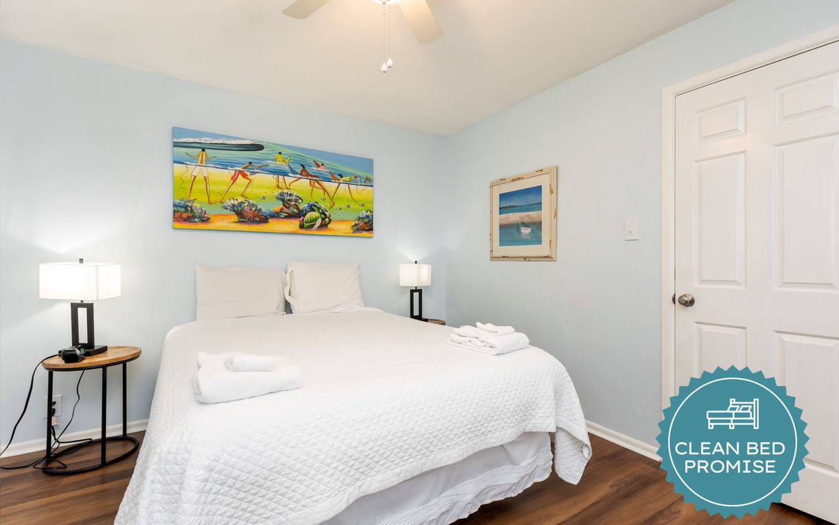 Sleep better at Padre Escapes with our exclusive Clean Bed Promise, providing fresh linens, comforters, and towels washed at high temperatures exceeding CDC recommendations, setting us apart for a truly restful vacation