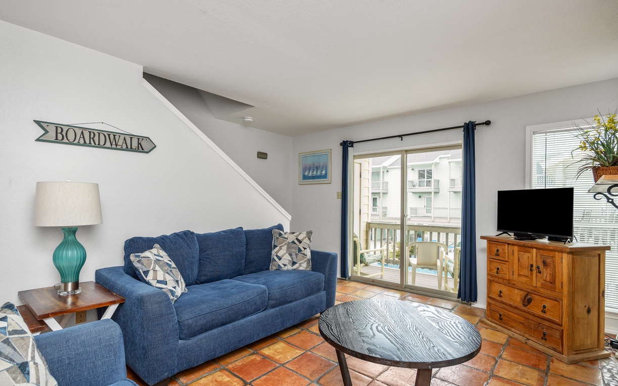 Unwind in your coastal-themed living room with nautical touches and ocean views from your private balcony.