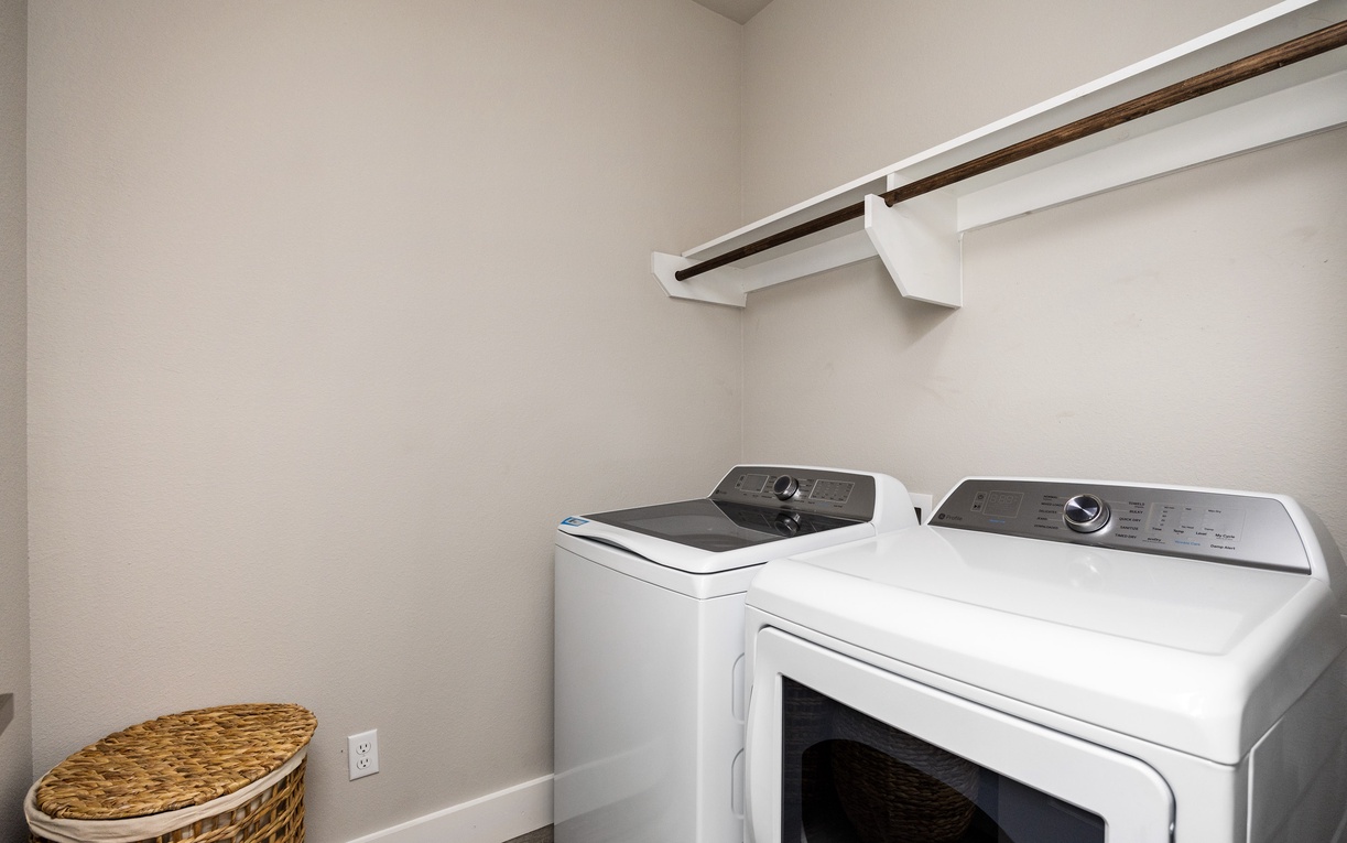 Your private laundry room keeps your vacation wardrobe fresh with full-size washer and dryer plus convenient hanging space.