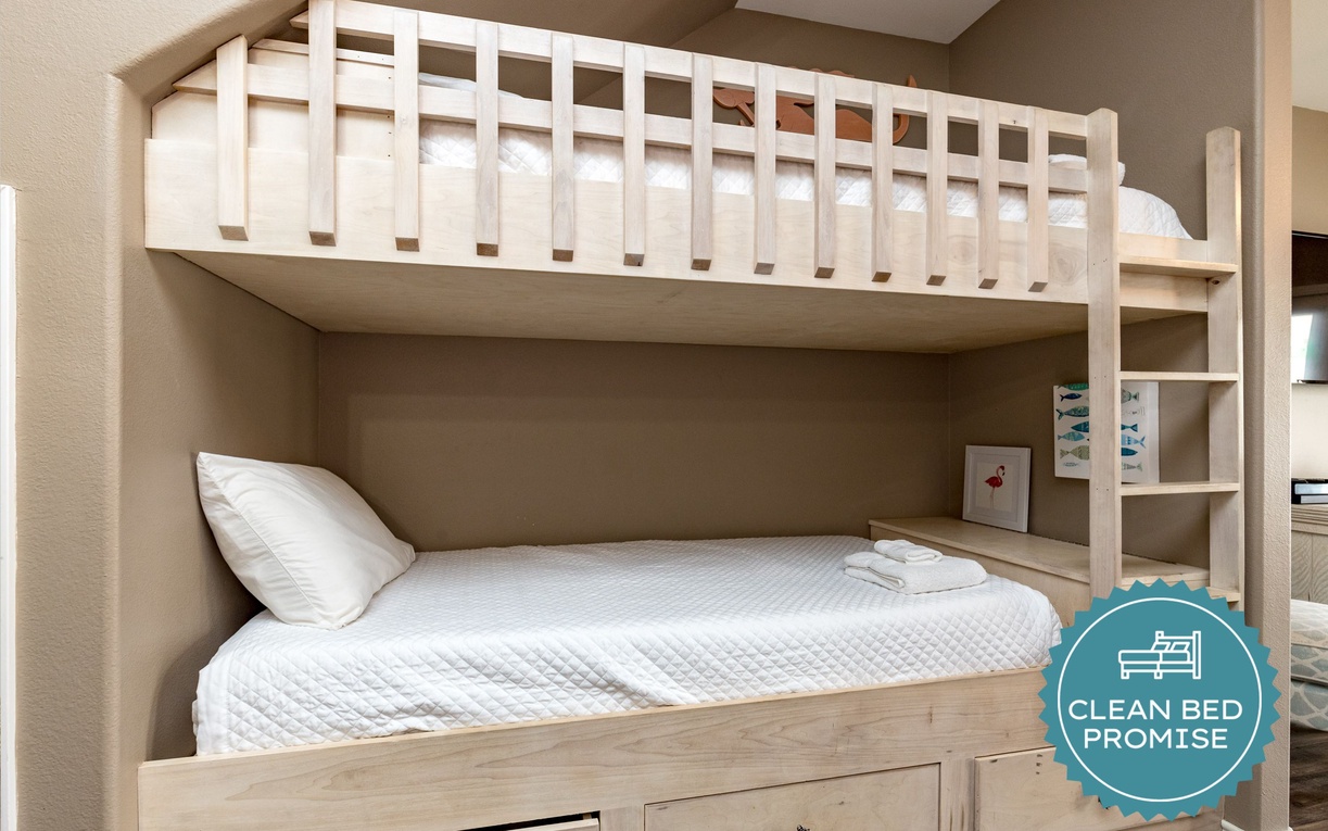 Sleep better at Padre Escapes with our exclusive Clean Bed Promise, providing fresh linens, comforters, and towels washed at high temperatures exceeding CDC recommendations, setting us apart for a truly restful vacation.