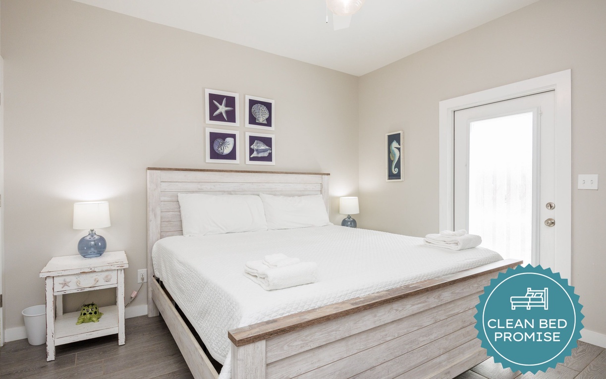 Sleep better at Padre Escapes with our exclusive Clean Bed Promise, providing fresh linens, comforters, and towels washed at high temperatures exceeding CDC recommendations, setting us apart for a truly restful vacation