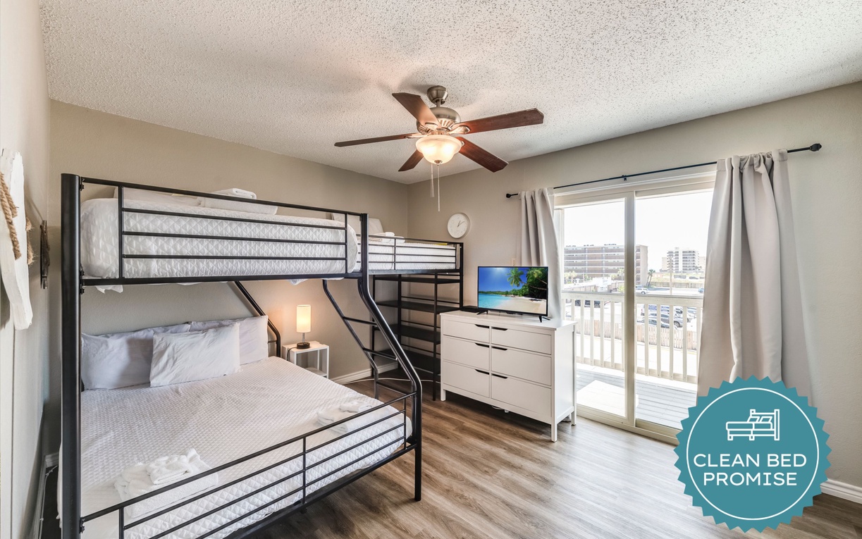 Sleep better at Padre Escapes with our exclusive Clean Bed Promise, providing fresh linens, comforters, and towels washed at high temperatures exceeding CDC recommendations, setting us apart for a truly restful vacation