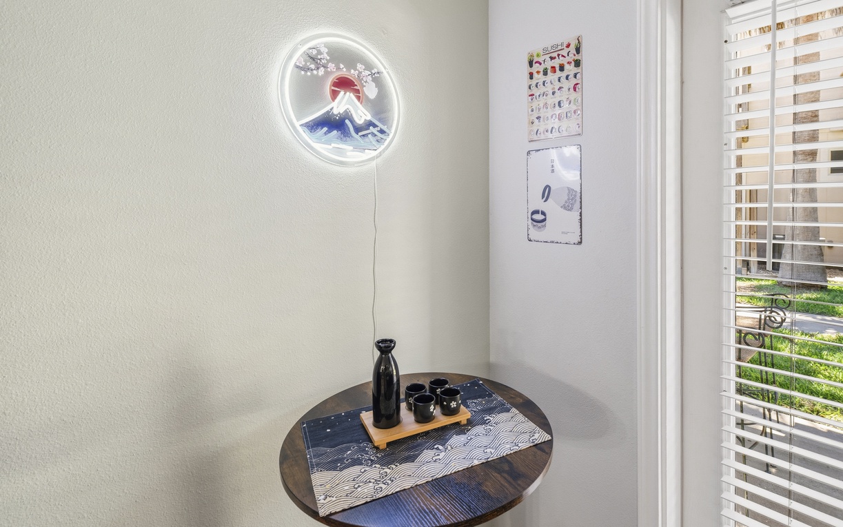 Step inside to find serene details and thoughtful touches—your own peaceful corner for morning tea or quiet reflection under Mt Fuji, with a gentle view of the outdoors.