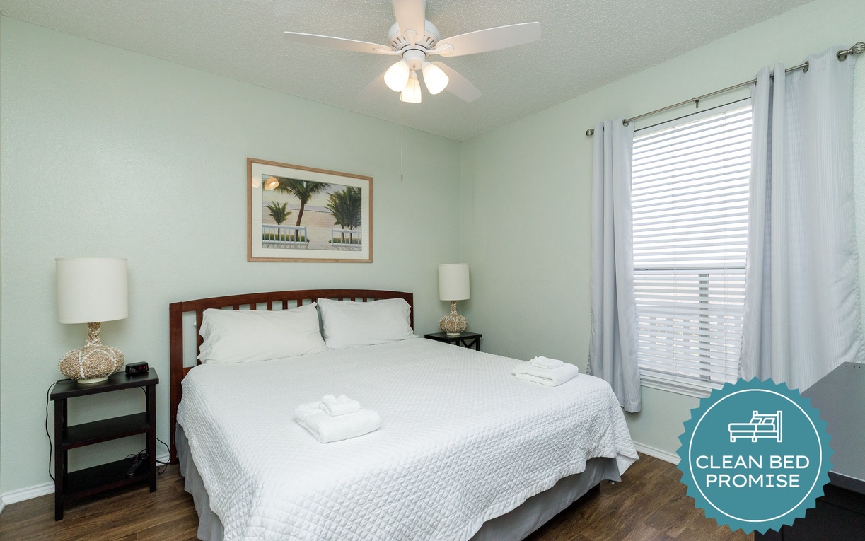 Sleep better at Padre Escapes with our exclusive Clean Bed Promise, providing fresh linens, comforters, and towels washed at high temperatures exceeding CDC recommendations, setting us apart for a truly restful vacation