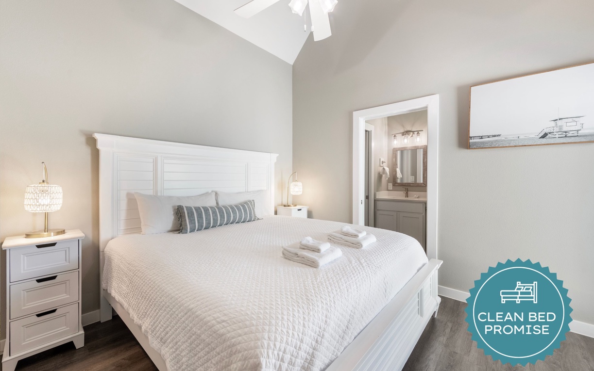 Sleep better at Padre Escapes with our exclusive Clean Bed Promise; providing fresh linens, comforters, and towels washed at high temperatures exceeding CDC recommendations, setting us apart for a truly restful vacation