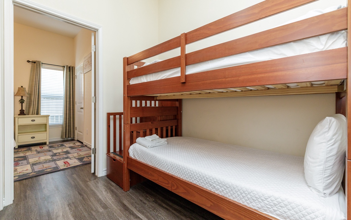 Your children will love sleeping in this cozy bunk bed, complete with fresh linens and plenty of space to play.