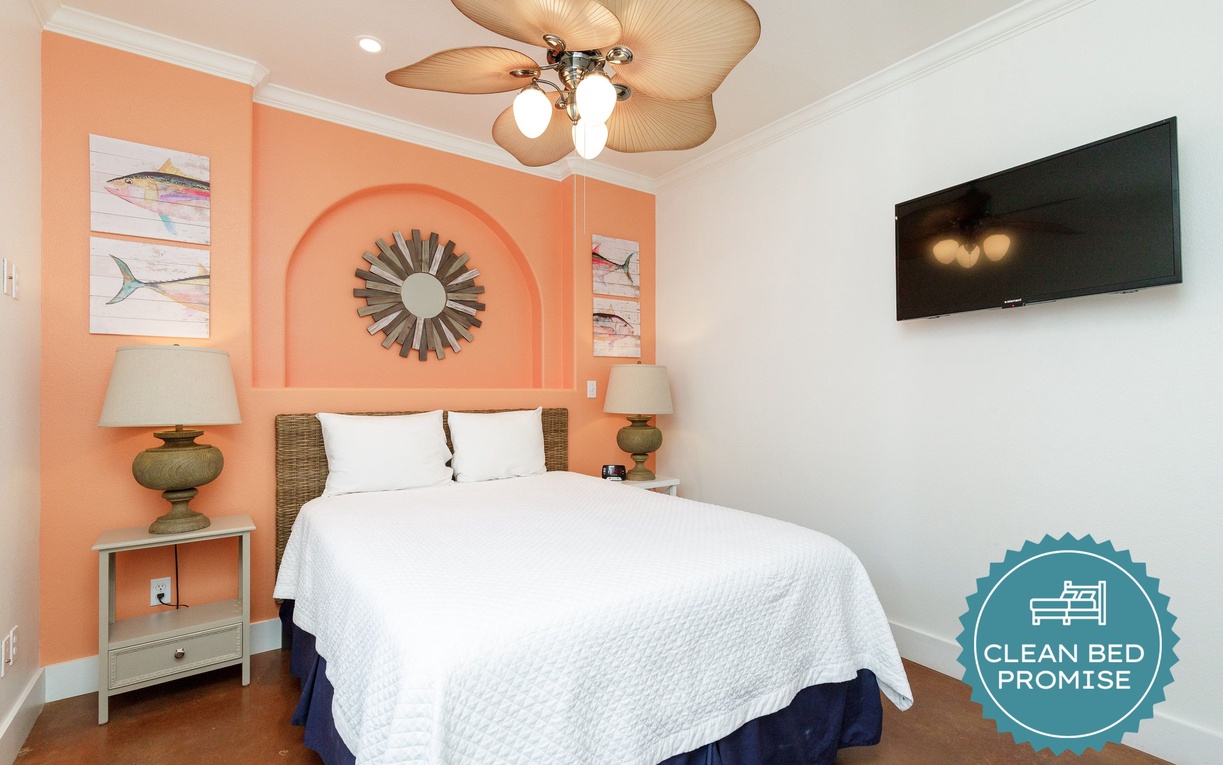 Sleep better at Padre Escapes with our exclusive Clean Bed Promise, providing fresh linens, comforters, and towels washed at high temperatures exceeding CDC recommendations, setting us apart for a truly restful vacation