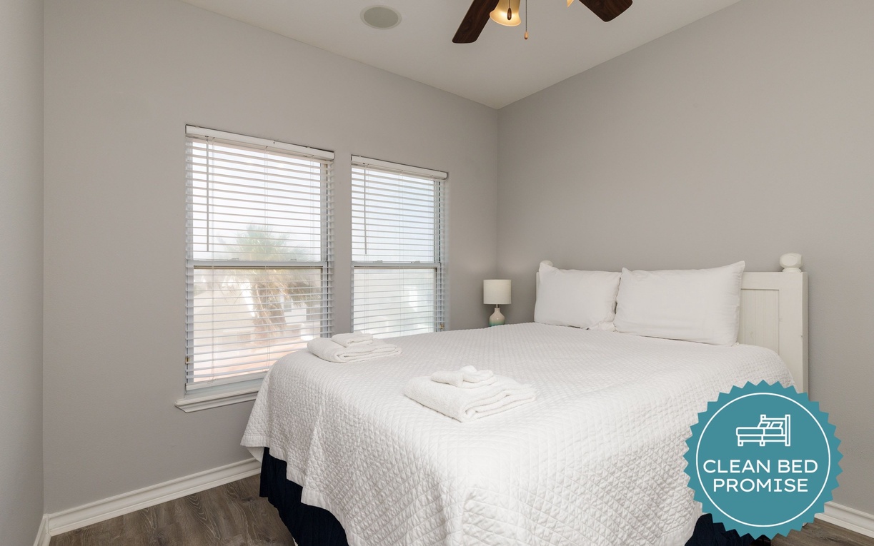 Sleep better at Padre Escapes with our exclusive Clean Bed Promise, providing fresh linens, comforters, and towels washed at high temperatures exceeding CDC recommendations, setting us apart for a truly restful vacation