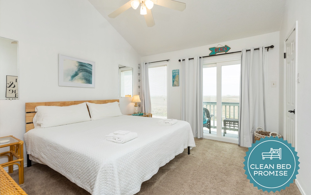 Sleep better at Padre Escapes with our exclusive Clean Bed Promise, providing fresh linens, comforters, and towels washed at high temperatures exceeding CDC recommendations, setting us apart for a truly restful vacation