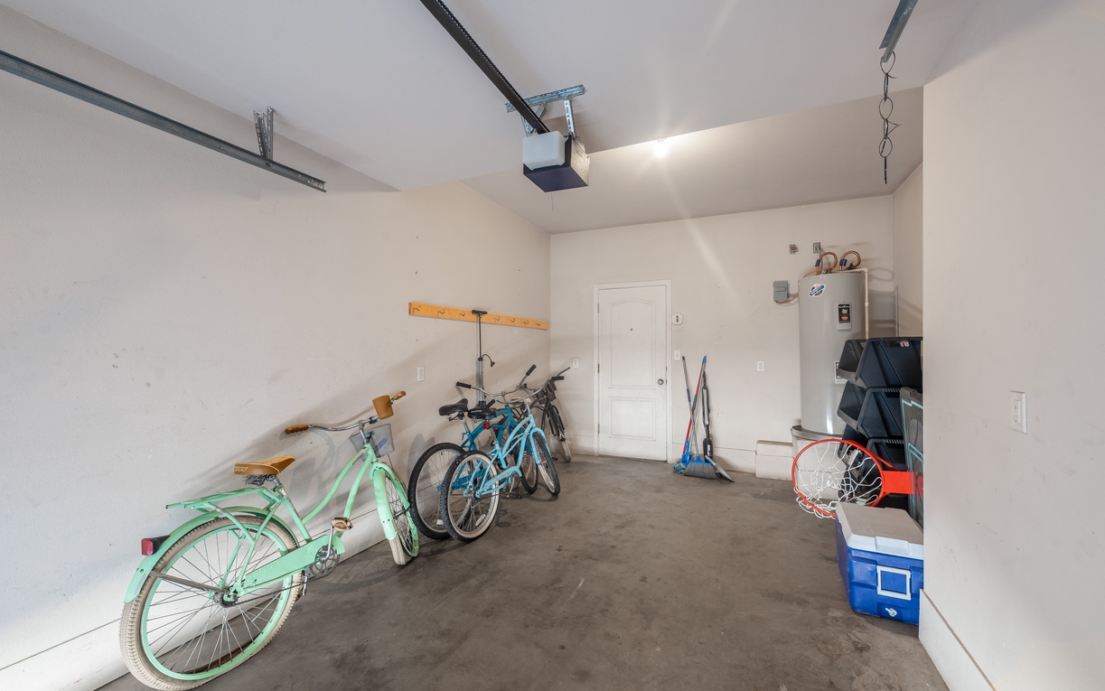 Your private garage offers secure bike storage and plenty of space for gear, with convenient ceiling tracks for organization.