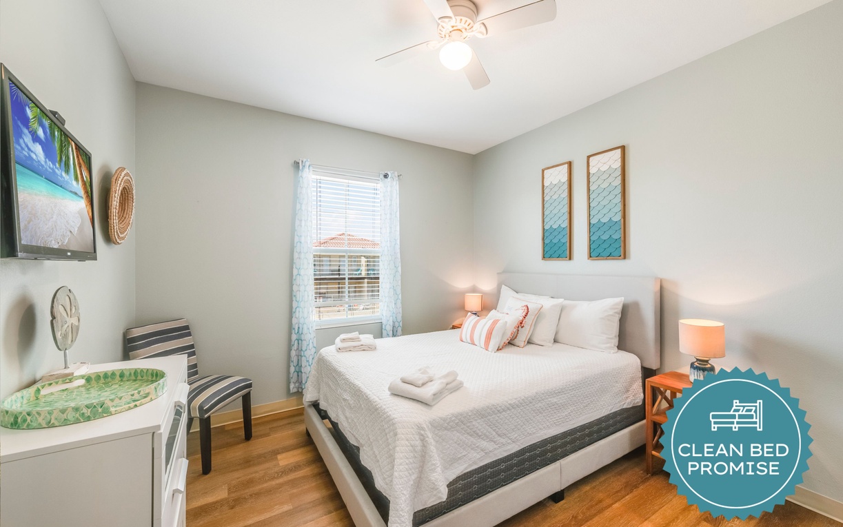 Sleep better at Padre Escapes with our exclusive Clean Bed Promise, providing fresh linens, comforters, and towels washed at high temperatures exceeding CDC recommendations, setting us apart for a truly restful vacation