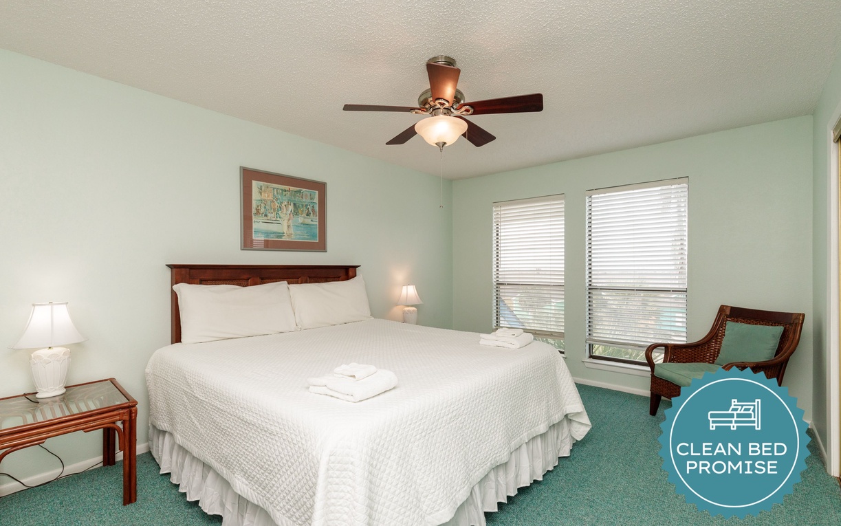 Sleep better at Padre Escapes with our exclusive Clean Bed Promise, providing fresh linens, comforters, and towels washed at high temperatures exceeding CDC recommendations, setting us apart for a truly restful vacation