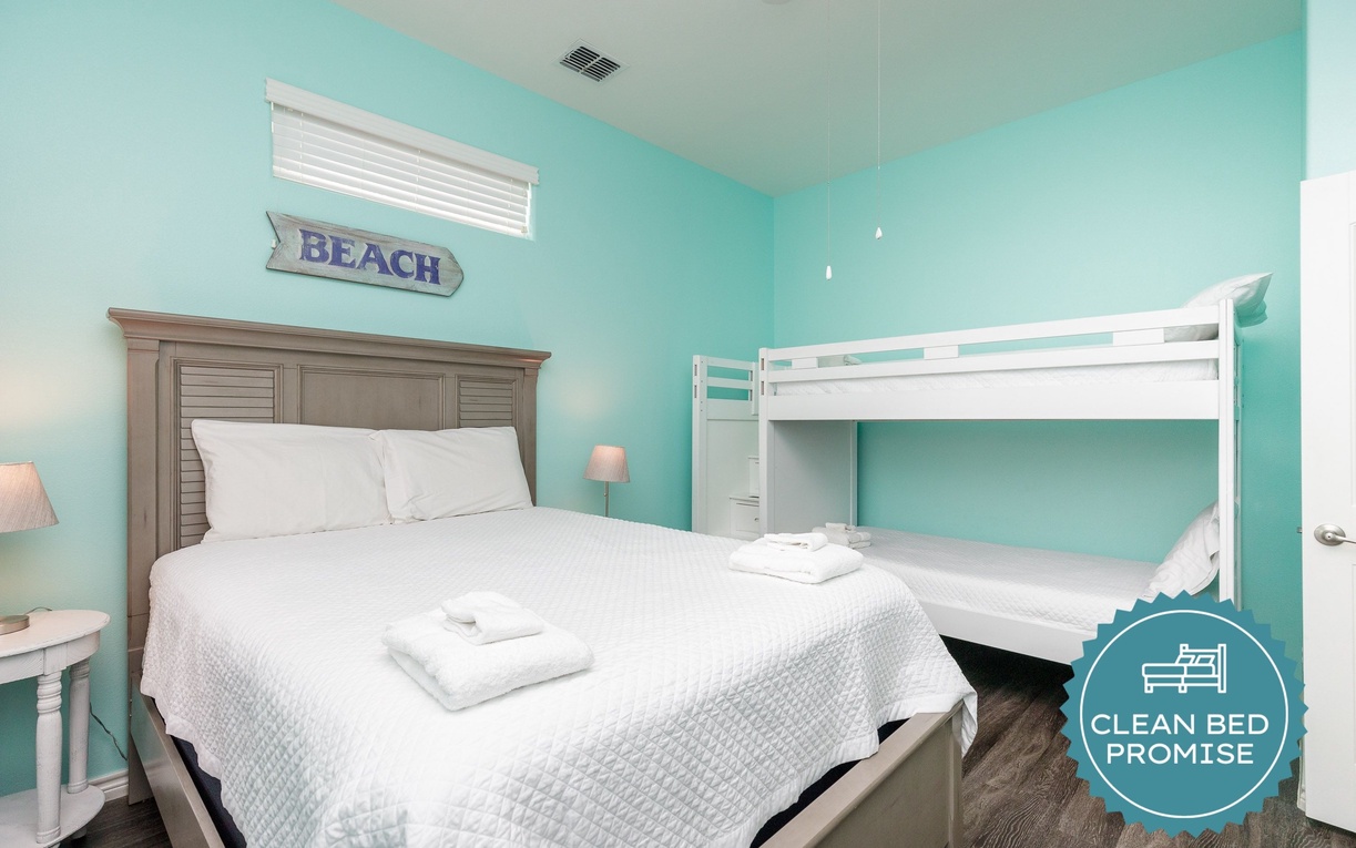 Sleep better at Padre Escapes with our exclusive Clean Bed Promise, providing fresh linens, comforters, and towels washed at high temperatures exceeding CDC recommendations, setting us apart for a truly restful vacation