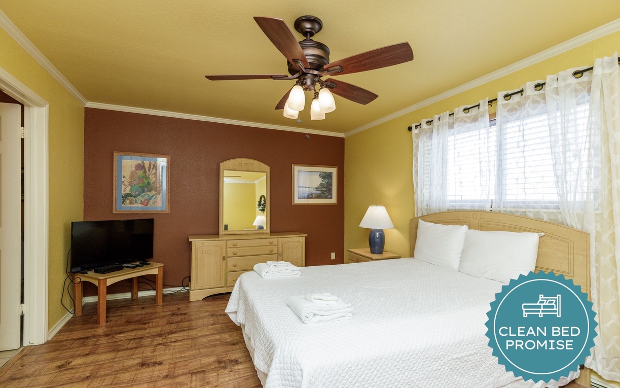 Sleep better at Padre Escapes with our exclusive Clean Bed Promise, providing fresh linens, comforters, and towels washed at high temperatures exceeding CDC recommendations, setting us apart for a truly restful vacation