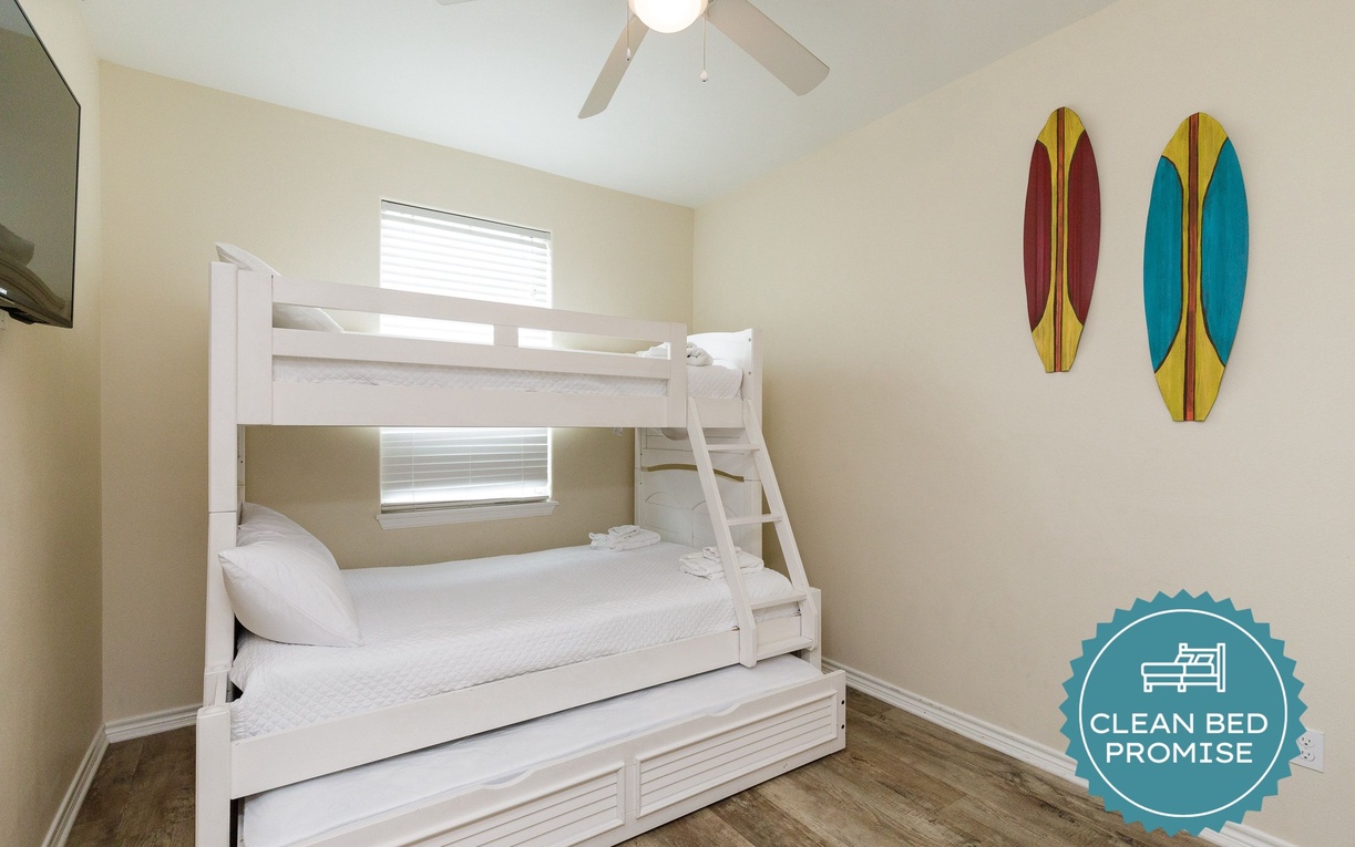 Sleep better at Padre Escapes with our exclusive Clean Bed Promise, providing fresh linens, comforters, and towels washed at high temperatures exceeding CDC recommendations, setting us apart for a truly restful vacation