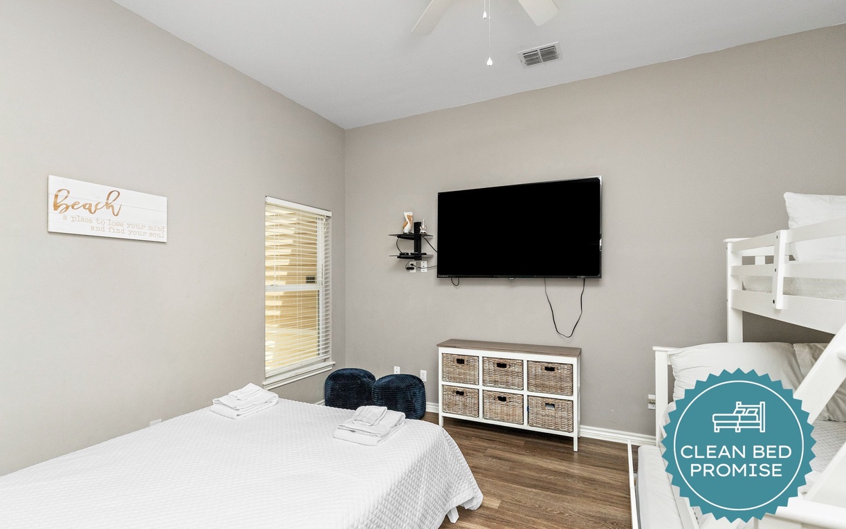 Sleep better at Padre Escapes with our exclusive Clean Bed Promise, providing fresh linens, comforters, and towels washed at high temperatures exceeding CDC recommendations, setting us apart for a truly restful vacation
