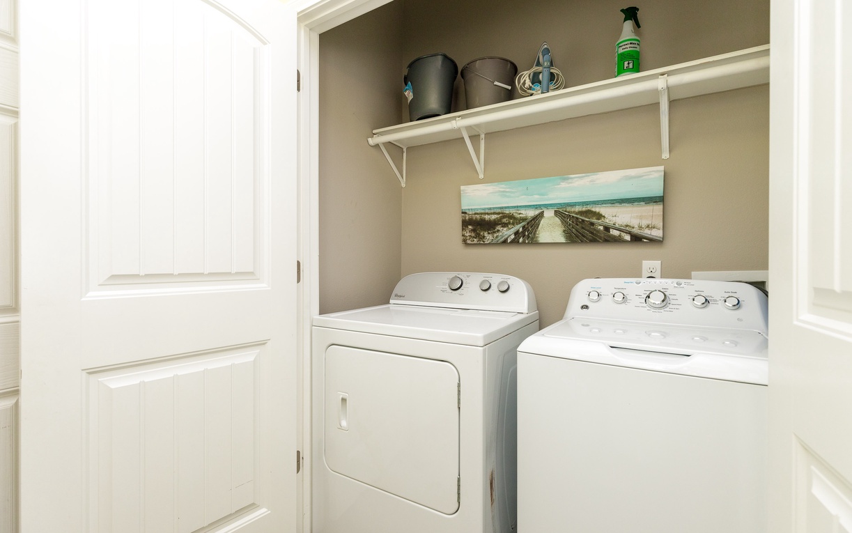 Your private laundry room makes extended stays effortless with full-size washer and dryer, storage shelves, and convenient supplies.