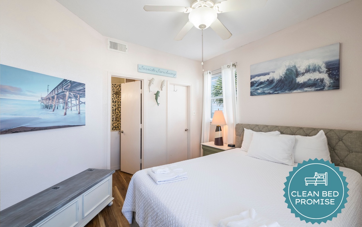 Sleep better at Padre Escapes with our exclusive Clean Bed Promise, providing fresh linens, comforters, and towels washed at high temperatures exceeding CDC recommendations, setting us apart for a truly restful vacation.