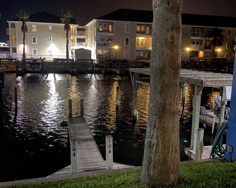 Marina setting with waterfront property buildings illuminated against the night sky, featuring boat docks and peaceful water reflections.