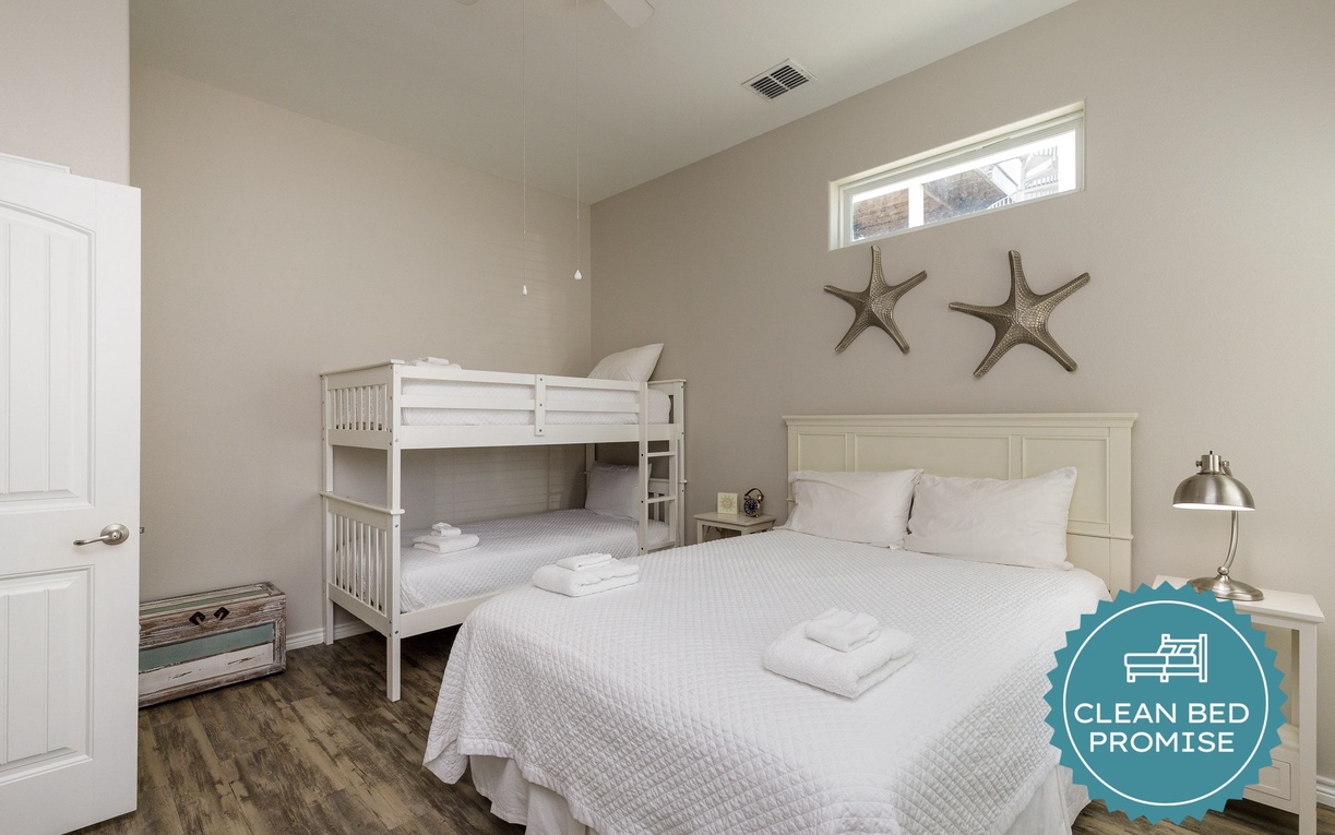 Sleep better at Padre Escapes with our exclusive Clean Bed Promise, providing fresh linens, comforters, and towels washed at high temperatures exceeding CDC recommendations, setting us apart for a truly restful vacation