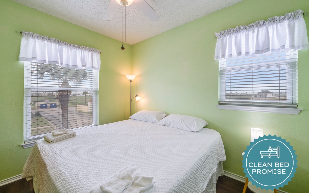 Sleep better at Padre Escapes with our exclusive Clean Bed Promise, providing fresh linens, comforters, and towels washed at high temperatures exceeding CDC recommendations, setting us apart for a truly restful vacation.