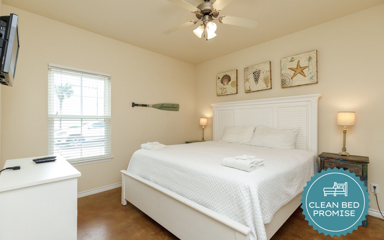 Sleep better at Padre Escapes with our exclusive Clean Bed Promise, providing fresh linens, comforters, and towels washed at high temperatures exceeding CDC recommendations, setting us apart for a truly restful vacation