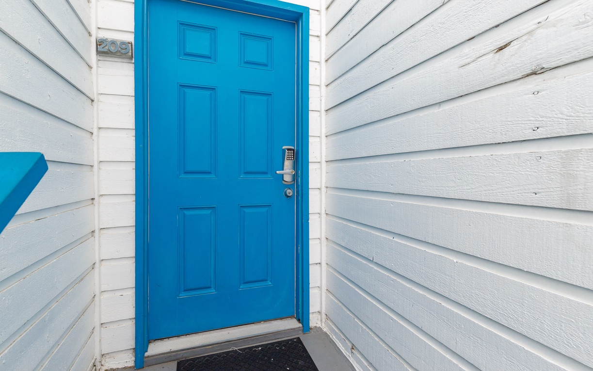 Entryway door with coded lock for added security.