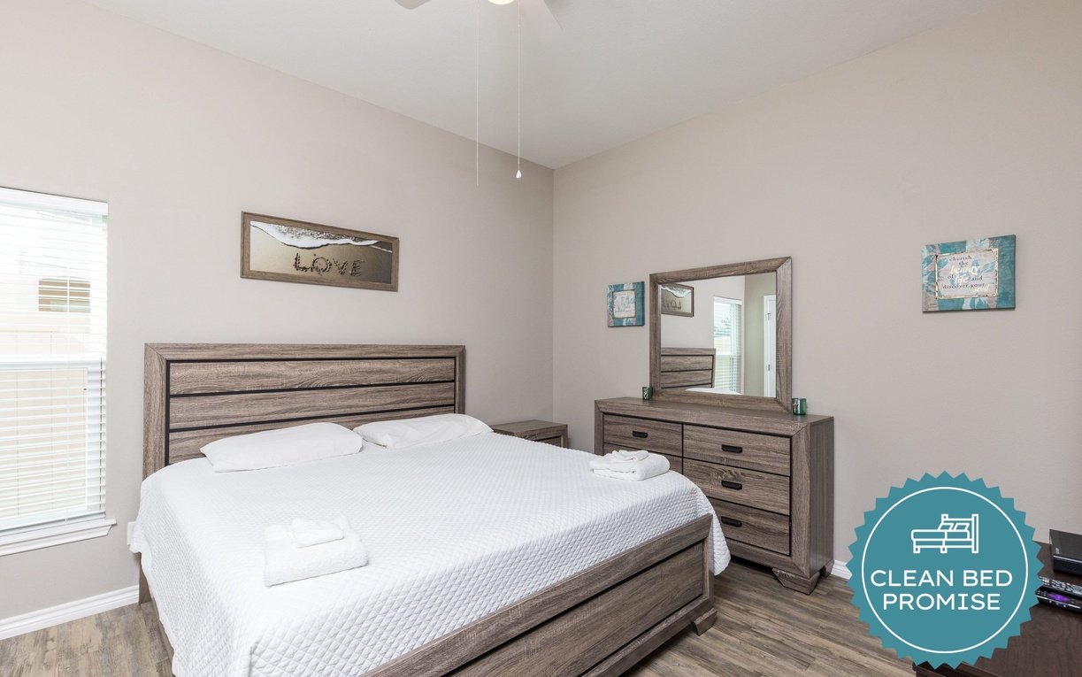 Sleep better at Padre Escapes with our exclusive Clean Bed Promise, providing fresh linens, comforters, and towels washed at high temperatures exceeding CDC recommendations, setting us apart for a truly restful vacation.